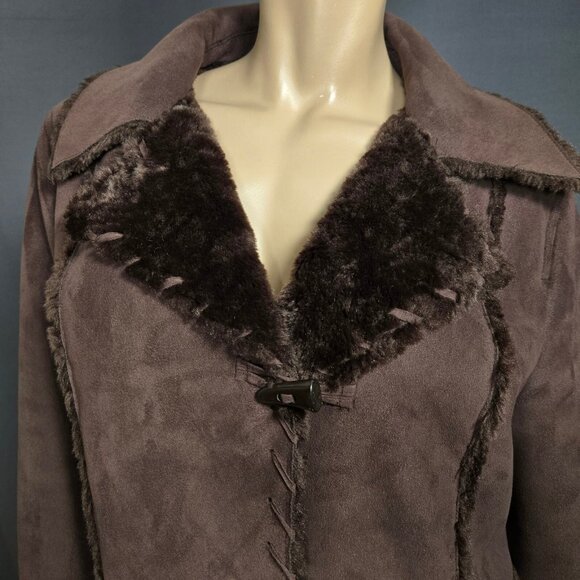 Y2K Penny Lane Coat Size l Boho Brown Faux Suede Brown Faux Fur 3/4 Length - Picture 2 of 11